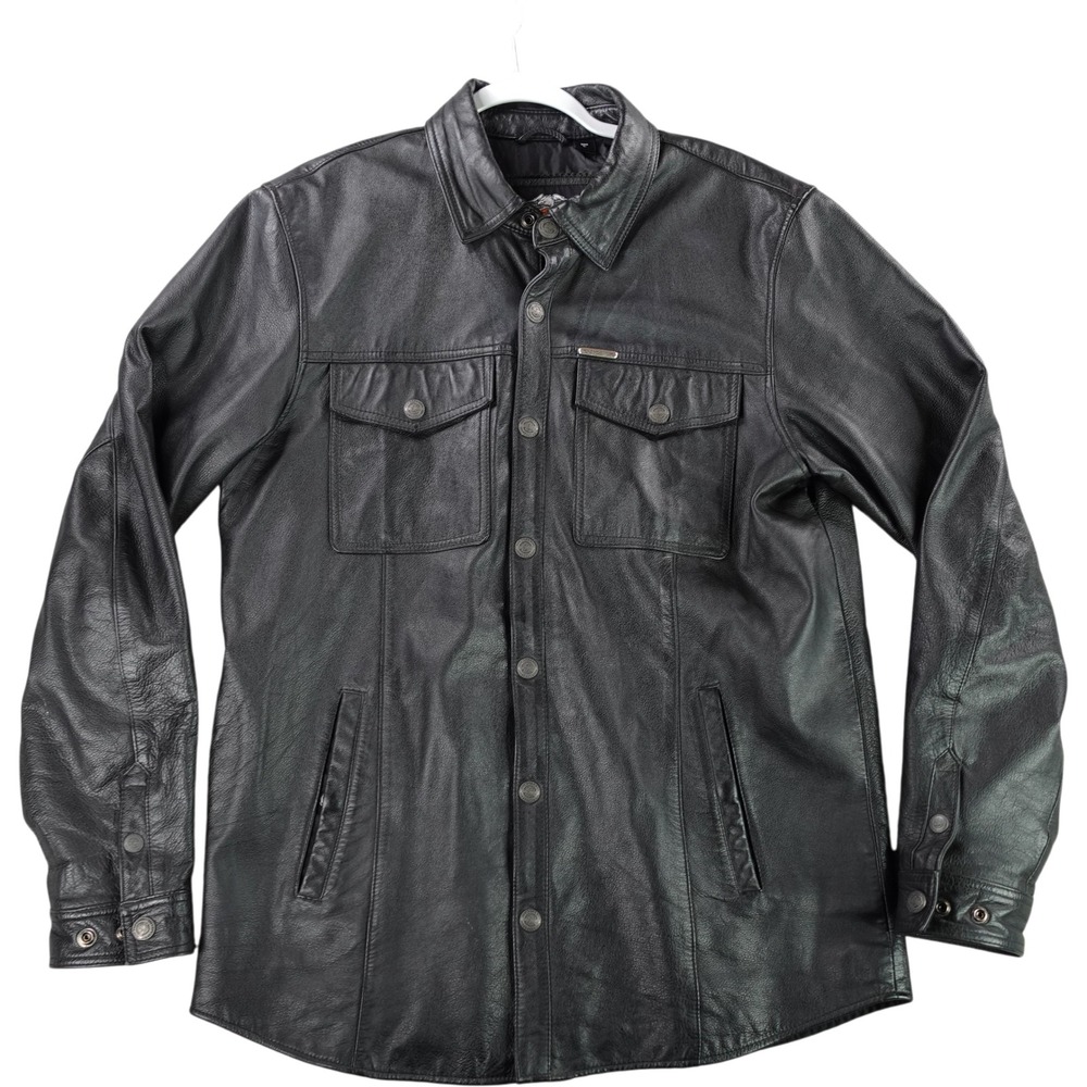Harley-Davidson Leather Shirt Jacket Mens L Tall Black Genuine Cowhide Biker